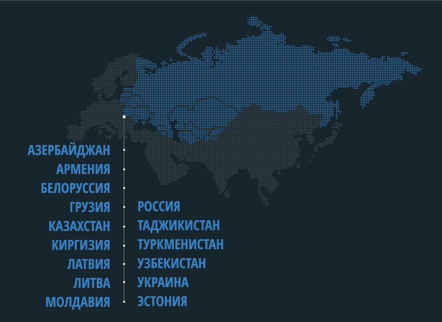 Азербайджане, Белоруссии, Грузии, Казахстане, Киргизии, Латвии, Литвы, Молдавии, России, Таджикистане, Туркменистане, Украине, Эстонии